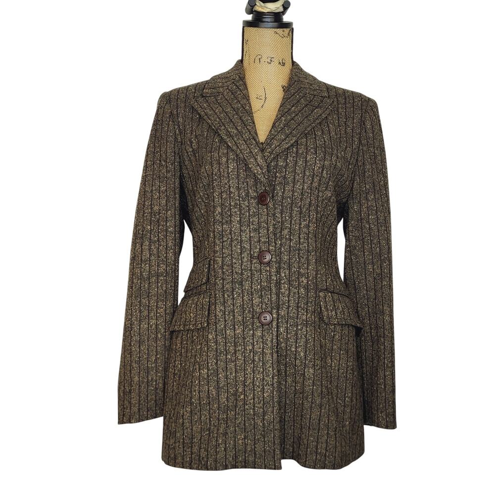 Vintage Zara Brown Tweed Striped 3 Button 3 Pocket Blazer Made in Spain Sze 8 - Picture 2 of 9